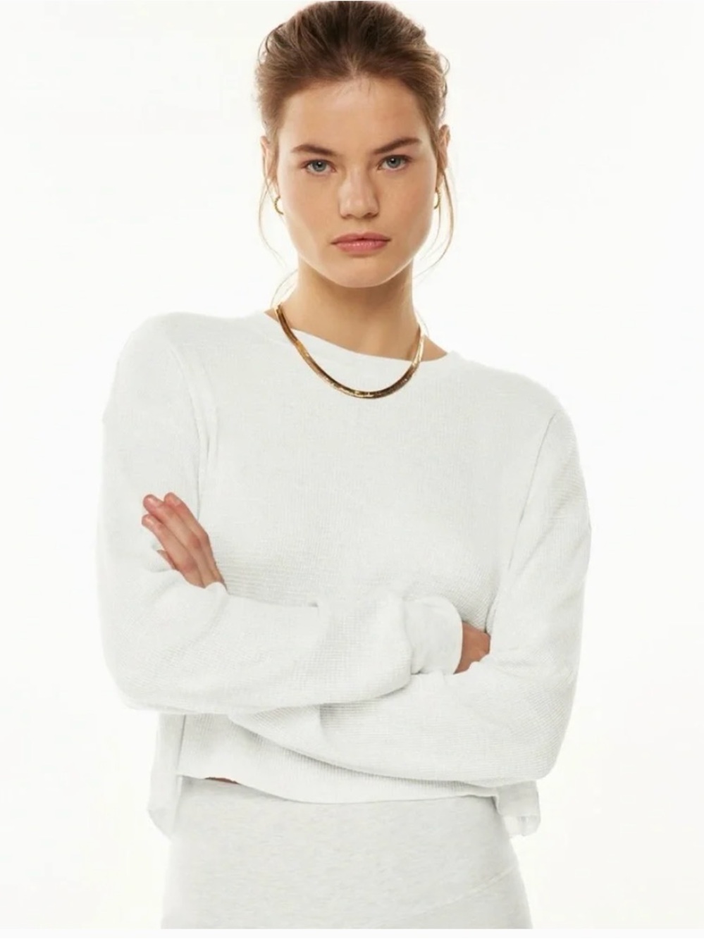 Aritzia TNA White waffle long sleeve cropped